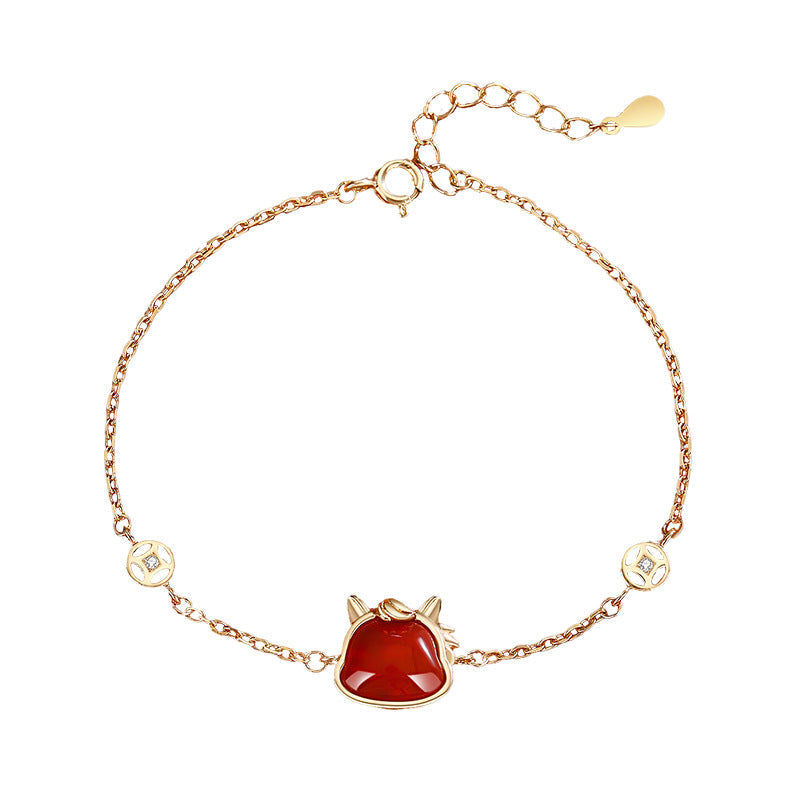 Natural Hetian Jade & Red Agate Horse Bracelet for Women, 925 Silver Chinese Zodiac Jewelry