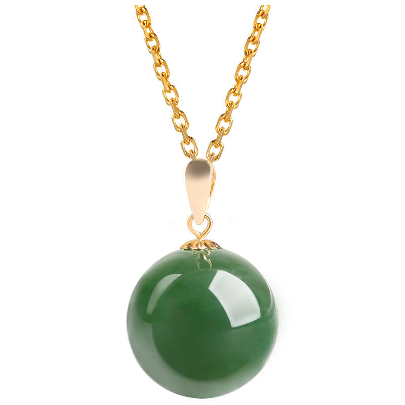 Natural Spinach Green Aged Hetian Jade Round Bead Pendant, beautifully set in 18K gold