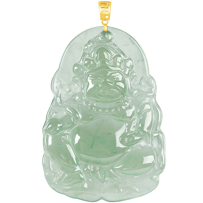 Natural Blue Water Jadeite Yellow Wealth God Pendant – A-Grade Ice-Type Jade, 18K Gold, Prosperity Talisman