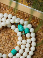 High-Polish White Jade Bodhi 108 Mala Beads Necklace with Turquoise-Look Accents and Safety Buckle – Sweater Chain Crossbody Style