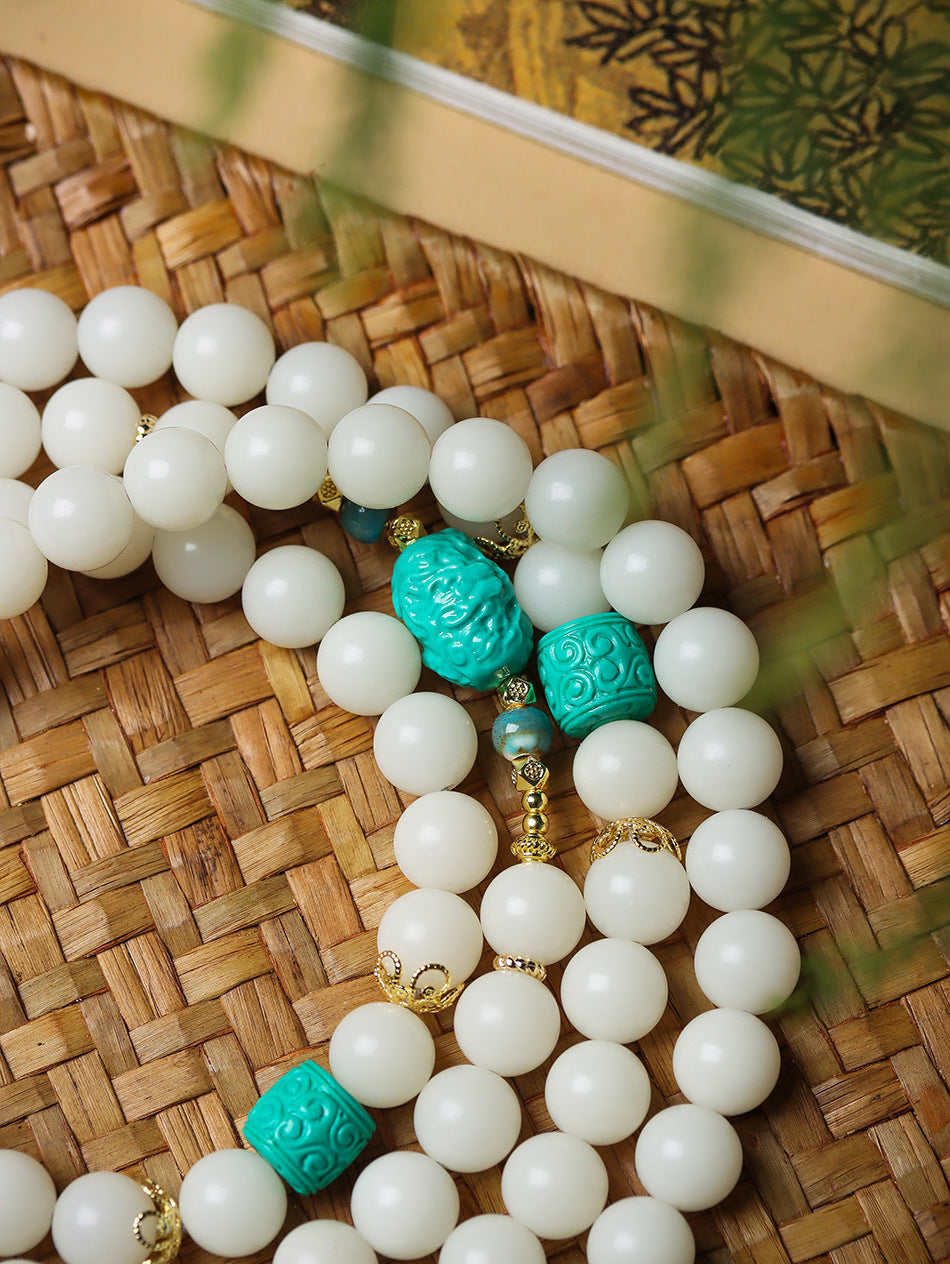 High-Polish White Jade Bodhi 108 Mala Beads Necklace with Turquoise-Look Accents and Safety Buckle – Sweater Chain Crossbody Style
