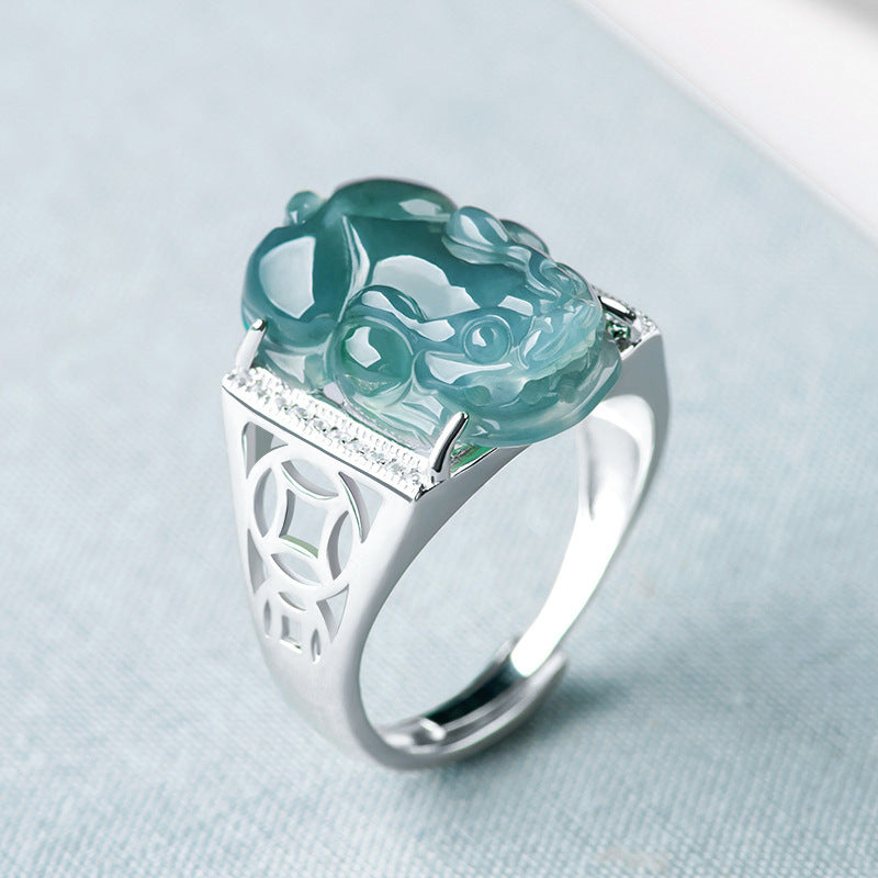 Natural A-Grade Blue Water Jadeite Pixiu Ring – S925 Silver, Adjustable Band, Unisex Fashion Ring
