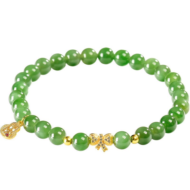 Women’s Handcrafted Aged Green Hetian Jade Bracelet with Golden Charms