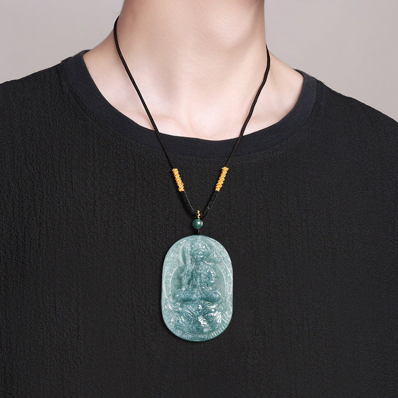 Natural Blue Water Jadeite Akasagarbha Bodhisattva Pendant – Zodiac Ox and Tiger Guardian Buddha