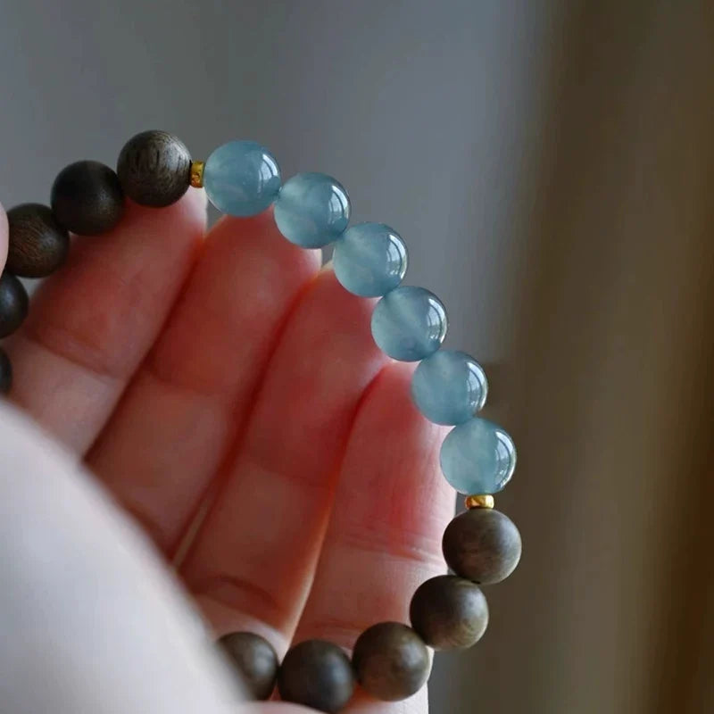 Vietnamese Agarwood Blue Jadeite Bead Bracelet for Women