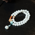 White Jade Bodhi Double Wrap Bracelet with Lotus Accent for Women