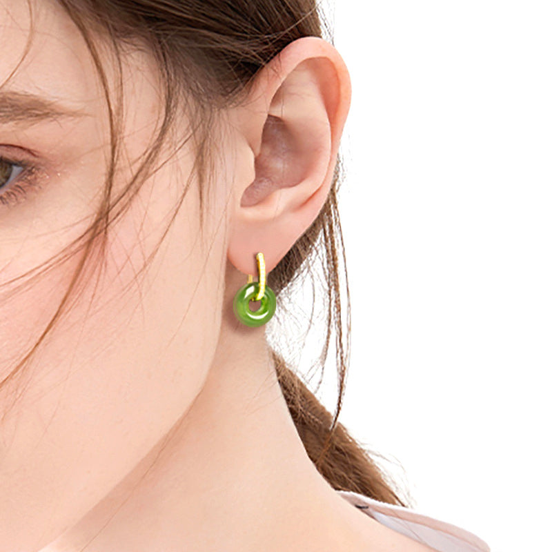 Natural Hetian Green Jade Peace Circle Earrings with S925 Silver Setting
