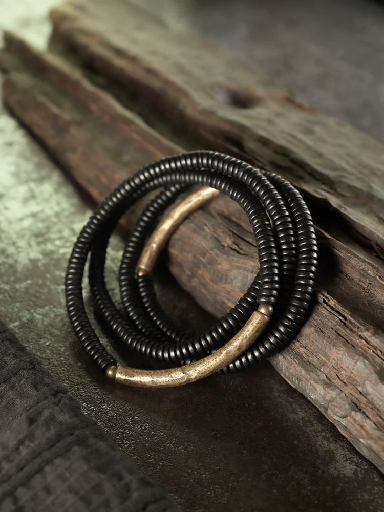 Ebony Wood & Brass Protection Bracelet – Multi-Layer Beads for Strength & Stability