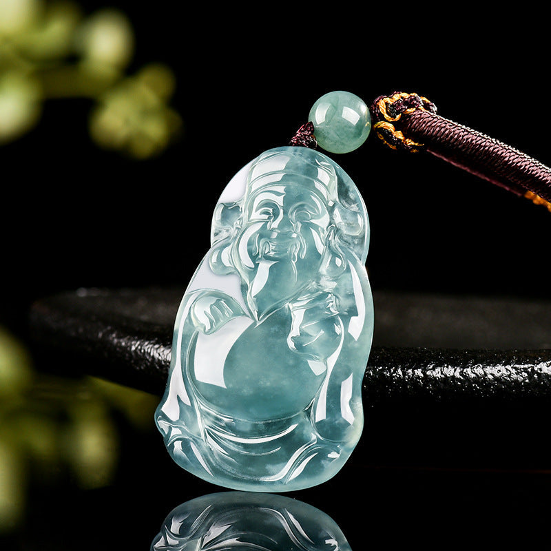 Natural Ice Blue Jadeite Cai Shen Pendant – Genuine A-Grade Blue Water Jade, Wealth & Prosperity Talisman for Men & Women