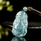 Natural Ice Blue Jadeite Cai Shen Pendant – Genuine A-Grade Blue Water Jade, Wealth & Prosperity Talisman for Men & Women