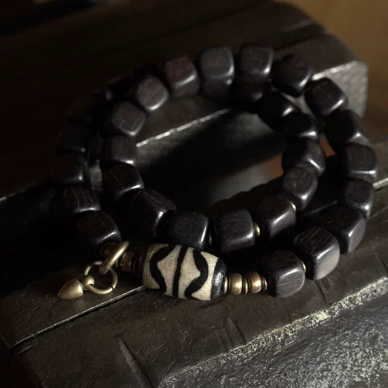 Tibetan Handmade Ebony Wood Dzi Bead Bracelet Vintage Couple Spiritual Jewelry