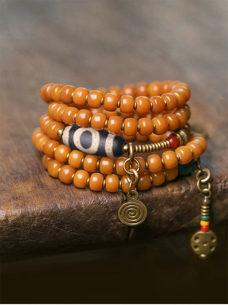 Vintage Multi-Layer Bodhi Seed & Dzi Bead Unisex Bracelet · Buddhist Mala Jewelry