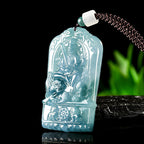 Natural Blue Water Jadeite Manjushri Pendant – A-Grade Jade, Zodiac Rabbit Guardian Talisman, Spiritual Amulet