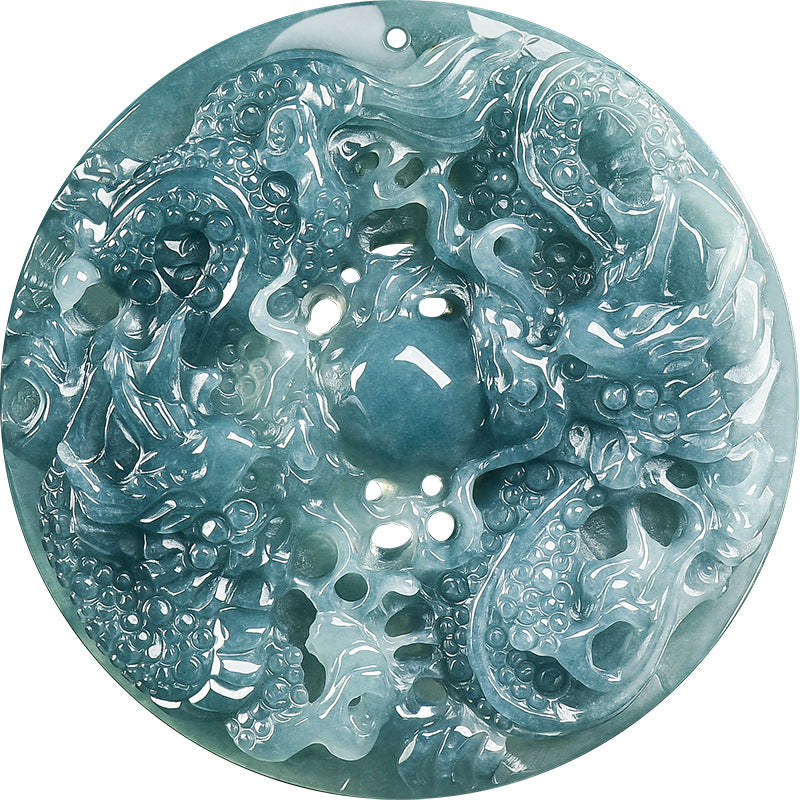 Natural Ice Blue Jadeite Double Dragon “Playing with the Pearl” Pendant – A-Grade Blue Water Jade Zodiac Dragon Talisman