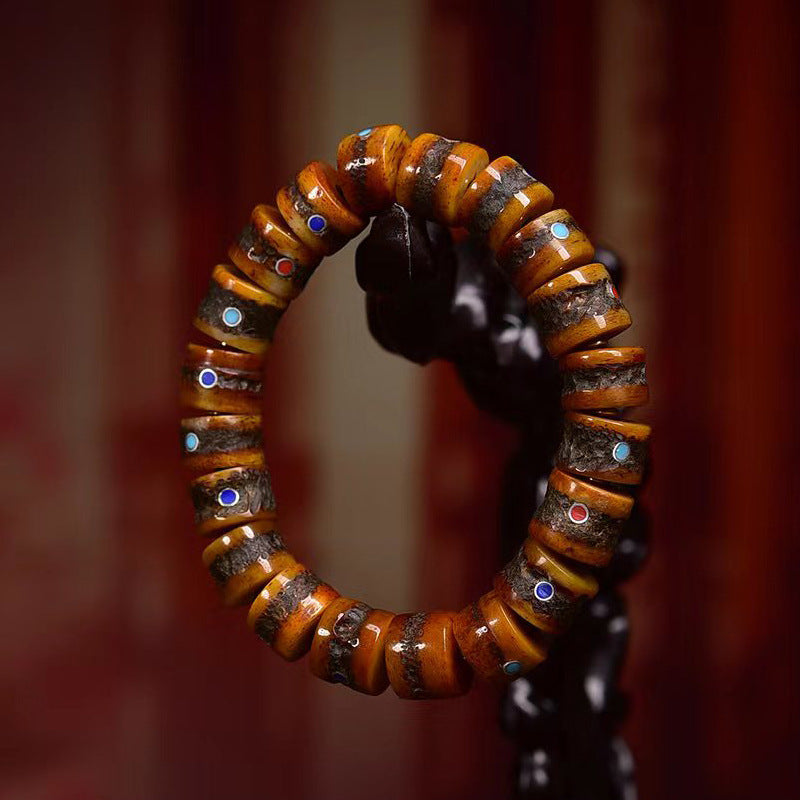 Tibetan Yak Bone Bracelet with Gemstone Inlays – Handcrafted Tibetan-Style Bracelet