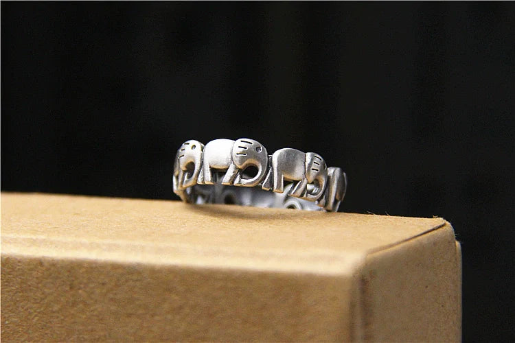 Vintage S925 Silver Adjustable Lucky Elephant Ring – Matte Finish