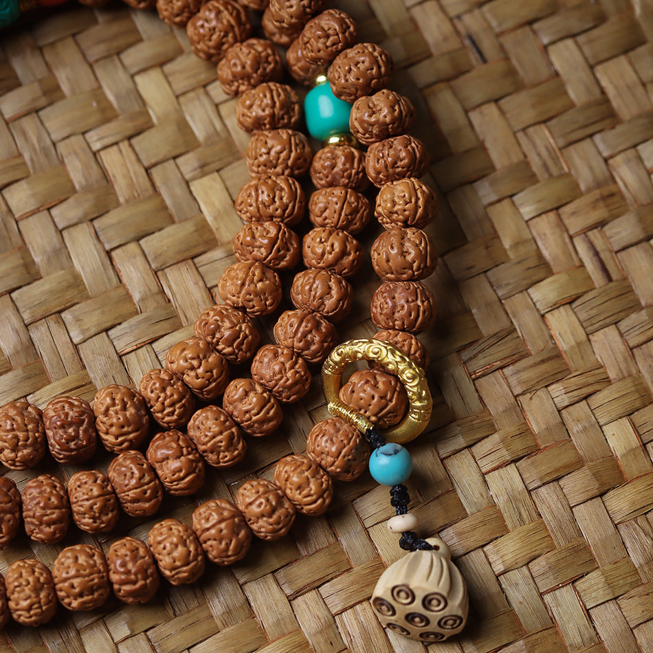 Dragon Vein Exploding Texture Rudraksha 108 Mala Beads Bracelet with Agate Stone Accents