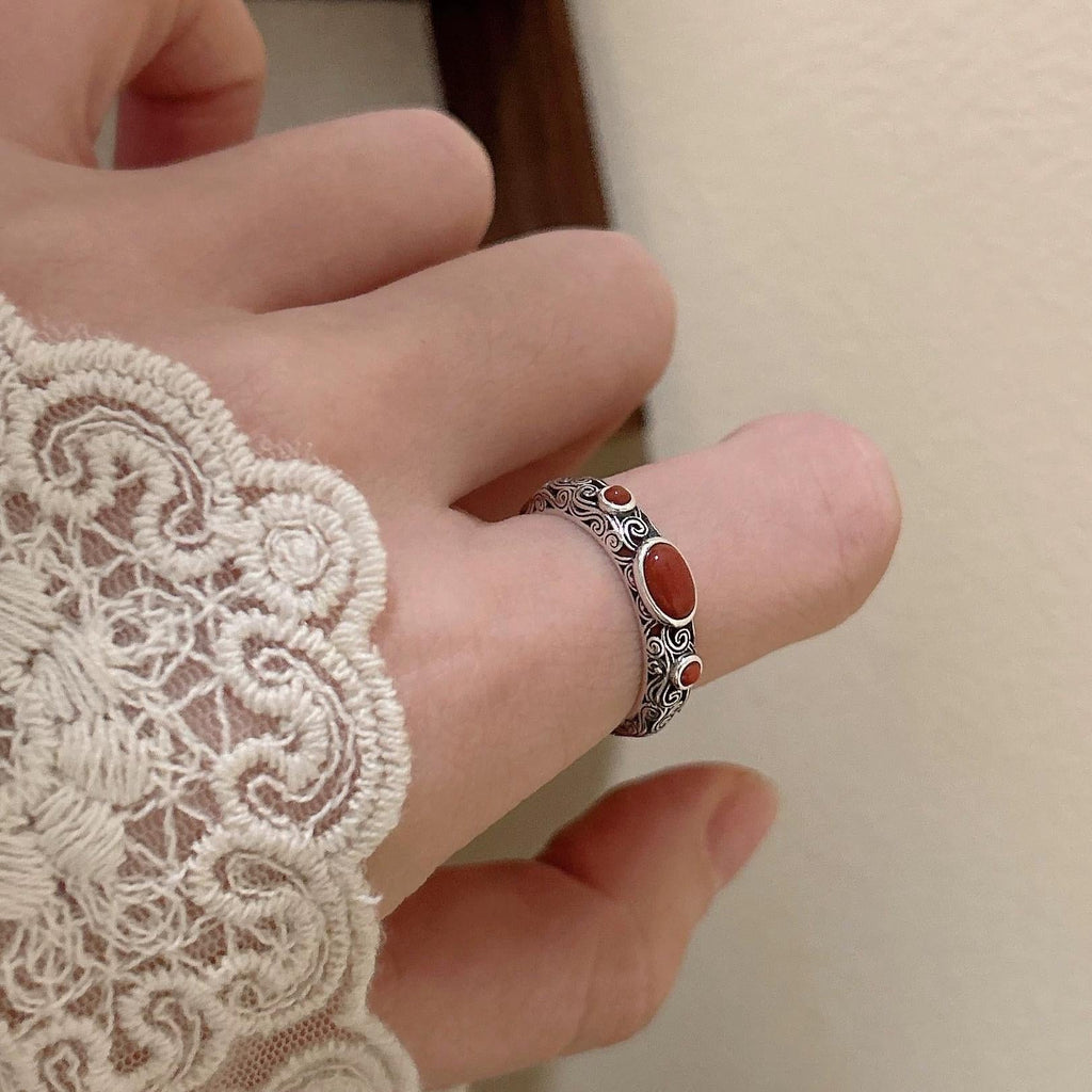 Adjustable S925 Silver Ring Vintage Sterling Silver Open Ring with Red Agate