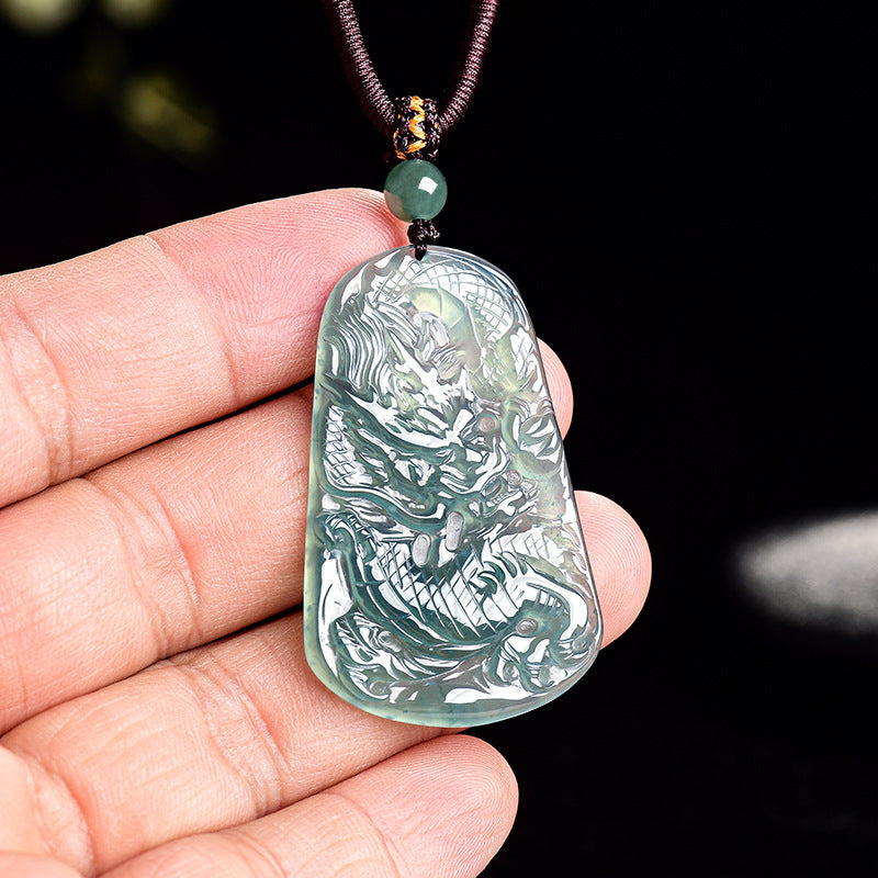 Natural Ice Blue Jadeite Dragon “Soaring Across the Four Seas” Pendant – Genuine A-Grade Blue Water Jade Zodiac Dragon Talisman