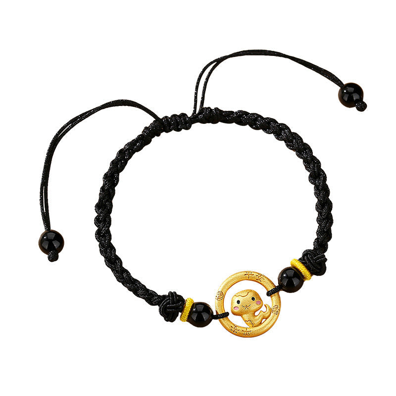Women’s S925 Silver Peace Circle 12 Chinese Zodiac Bracelet – Woven Black Cord
