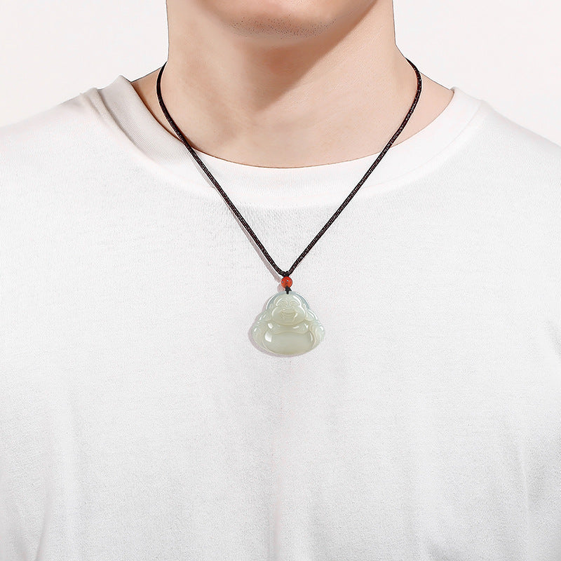 Natural Hetian White Jade Laughing Buddha Pendant for Men