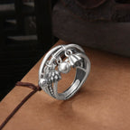 S999 Pure Silver Vintage Multi-Layer Ring with Bell, Lotus Tassel Charms