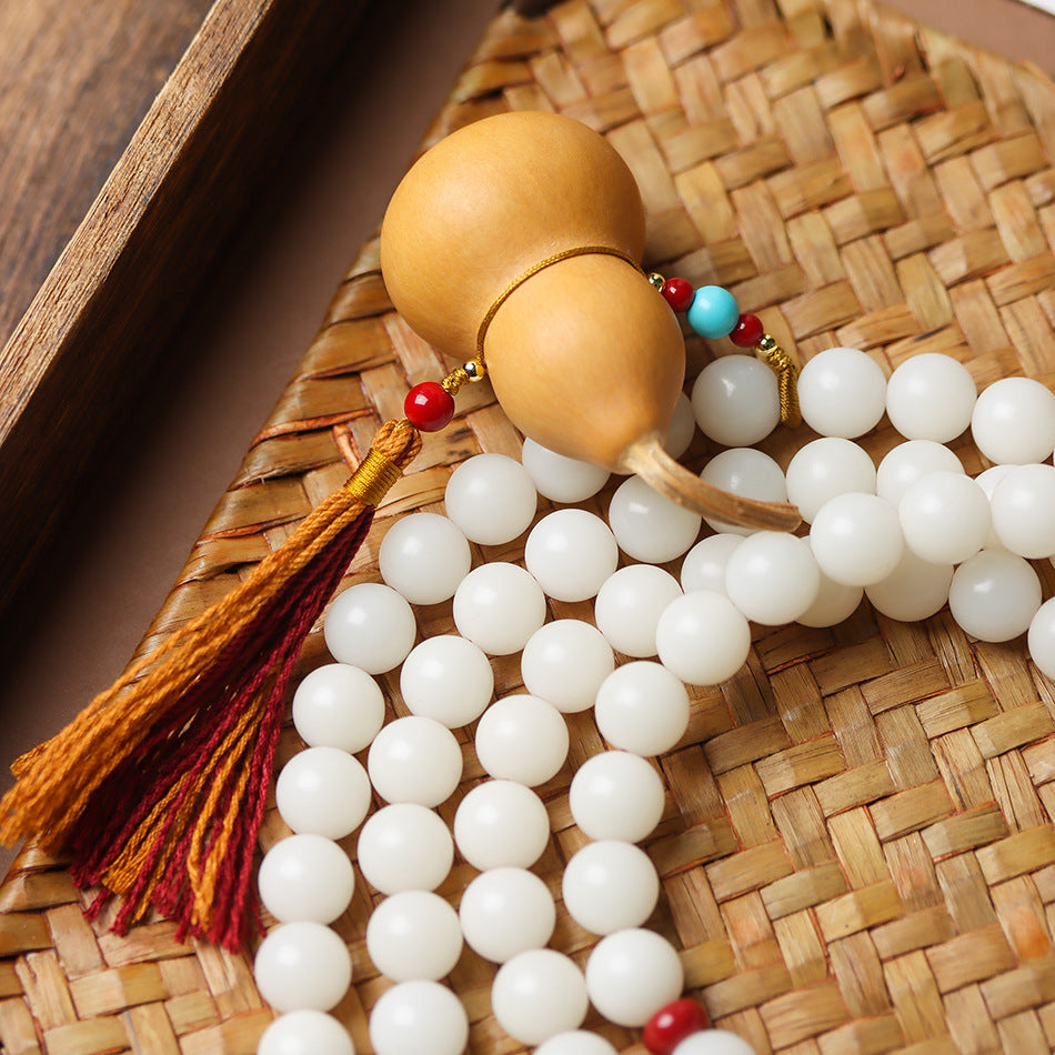 High-Polish White Jade Bodhi 108 Beads Bracelet with Hand-Carved Gourd Charm – Handheld or Crossbody Style