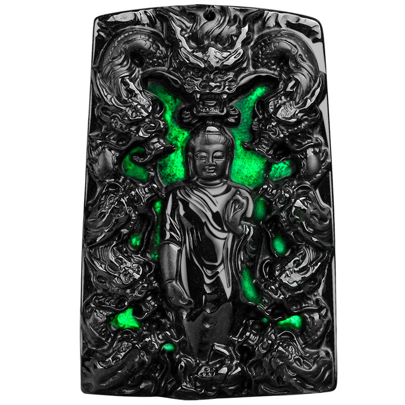 Natural A-Grade Black Jadeite Amitabha Buddha Nine Dragons "Supreme Self-Mastery" Pendant Unisex