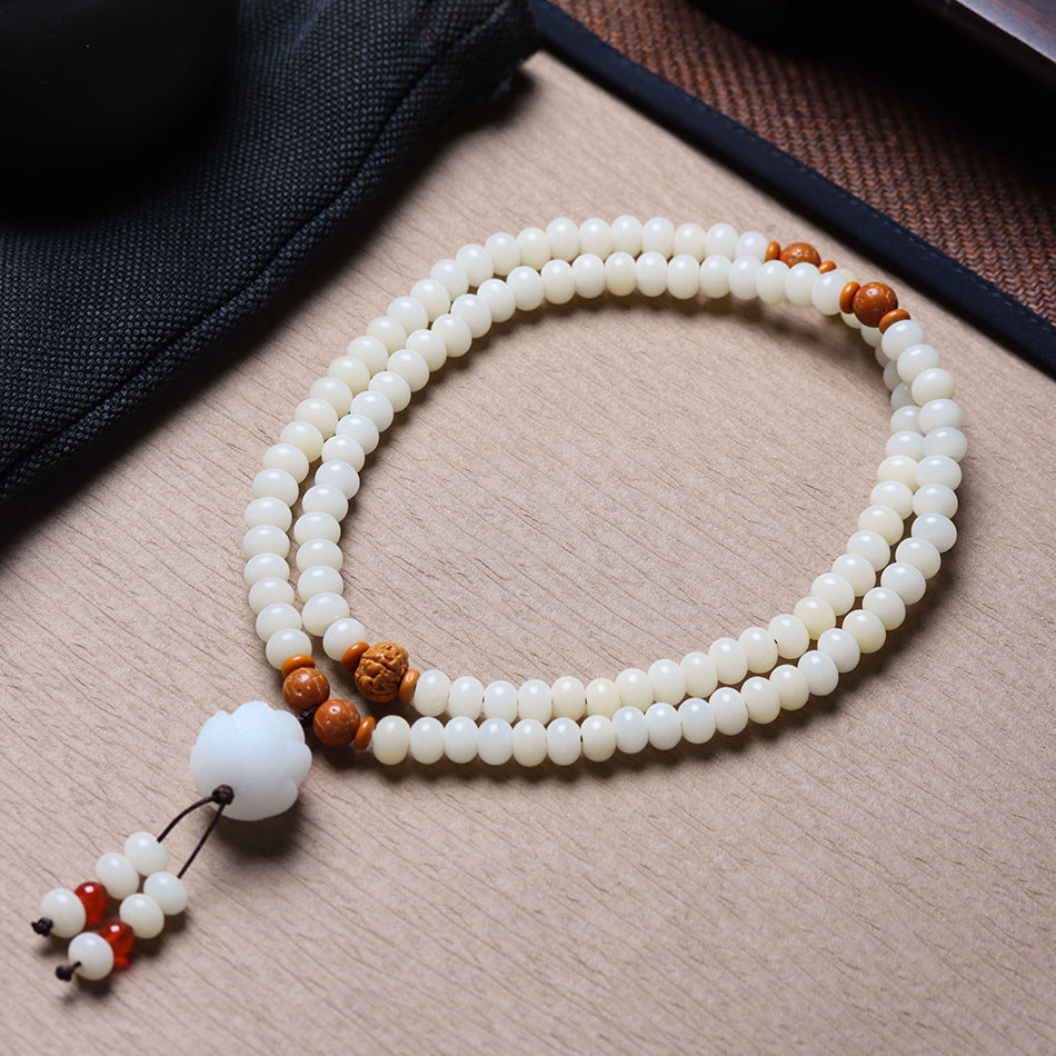 108 Mala Beads White Jade Bodhi Bracelet with Carved Lotus Pendant and Olive Pit Spacers