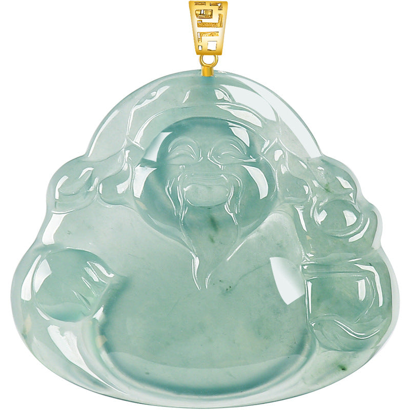 Natural Blue Water Jadeite Cai Shen Pendant – A-Grade Jade, 18K Gold Setting, Auspicious Wealth Talisman