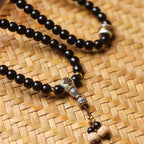 108 Mala Beads Bracelet in Natural Indonesian Black Gold Coconut Crown with Tibetan Silver Guru Bead