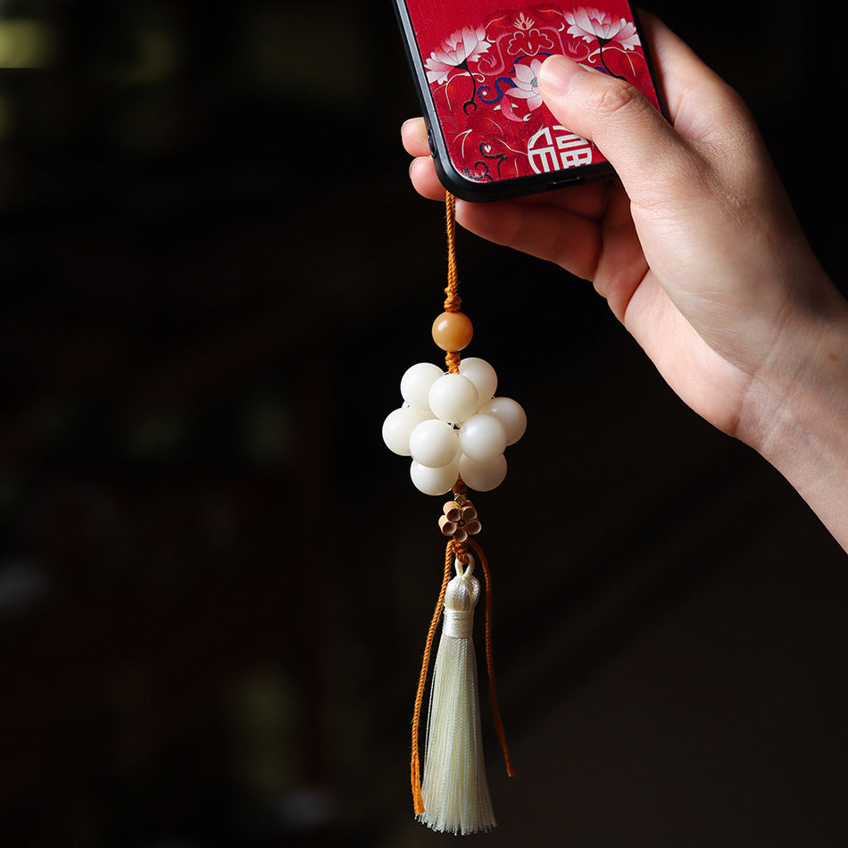 Handmade White Jade Bodhi Woven Tassel Charm Strap for Phone, Bag, or Car