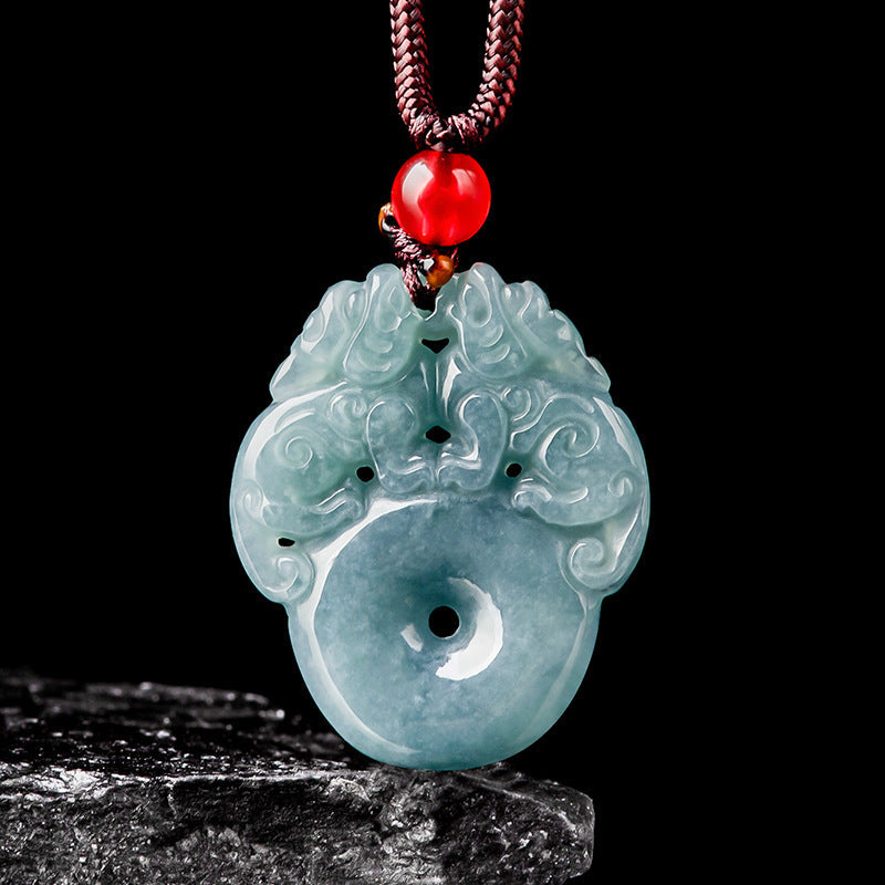 Natural Ice Blue Jadeite Double Pi Xiu “Peace Coin” Pendant – Genuine A-Grade Blue Water Jade with Adjustable Cord