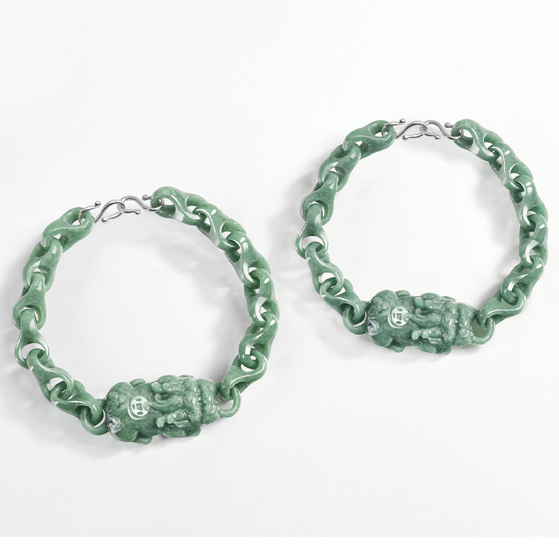 Natural A-Grade Bean Green Jadeite Pixiu Bracelet – Central Pixiu Talisman, Spiritual Protection, Unisex Design