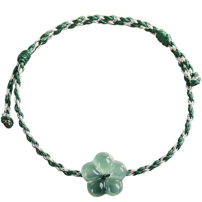 Natural A-Grade Blue Water Jadeite Peach Blossom Bead Bracelet – Handcrafted Braided Cord, Spiritual Protection & Blessings