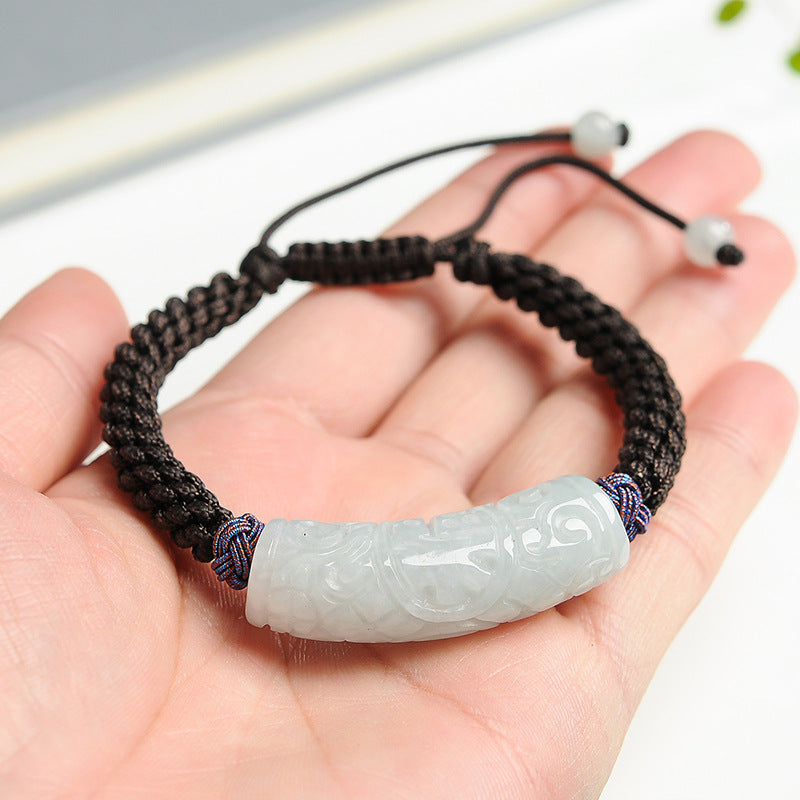 Natural Myanmar Grade A Jade Curved Bar Bracelet – Handmade with Good Fortune and Longevity Carvings