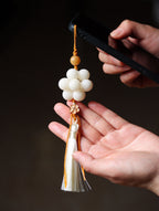 Handmade White Jade Bodhi Woven Tassel Charm Strap for Phone, Bag, or Car