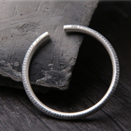 999 Pure Silver Open Cuff Bangle with Heart Sutra Design