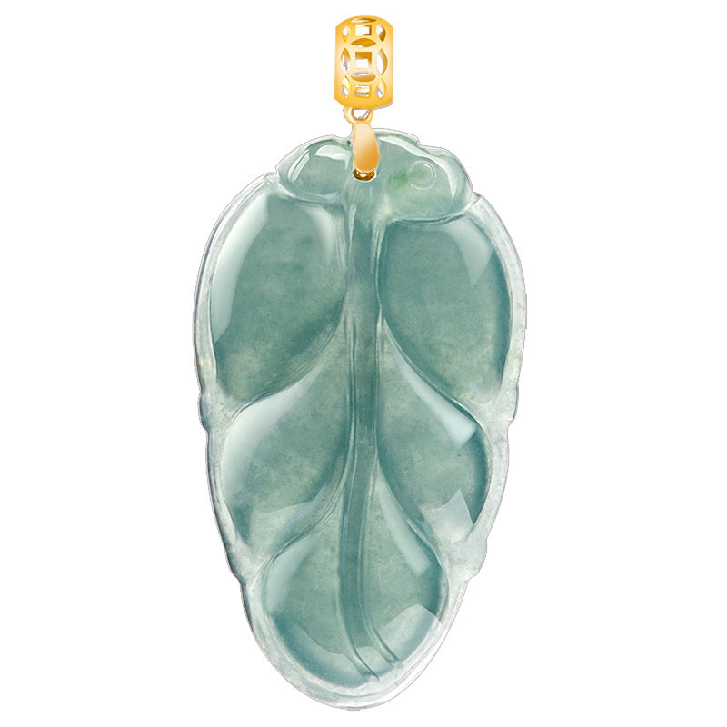 Natural Ice Blue Jadeite Leaf Pendant – Genuine A-Grade Blue Water Jade, 18K Gold Setting with 45cm Silver Chain