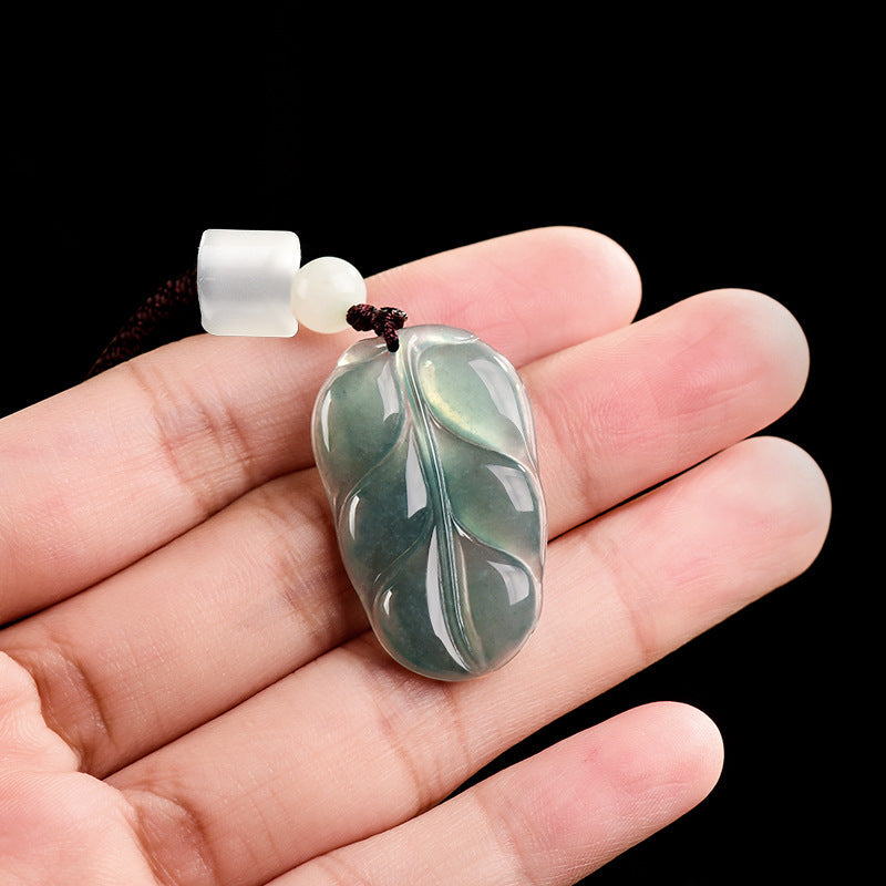Natural Blue Water Jadeite Leaf Pendant – A-Grade Jade, Elegant Spiritual Necklace