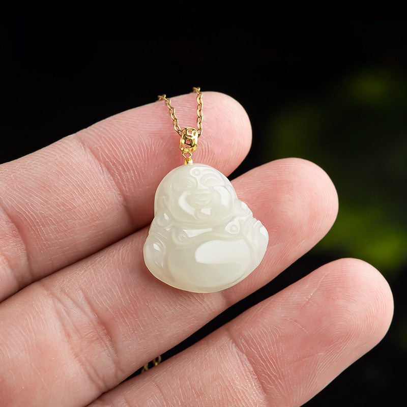Natural Hetian White Jade Laughing Buddha Pendant for Women