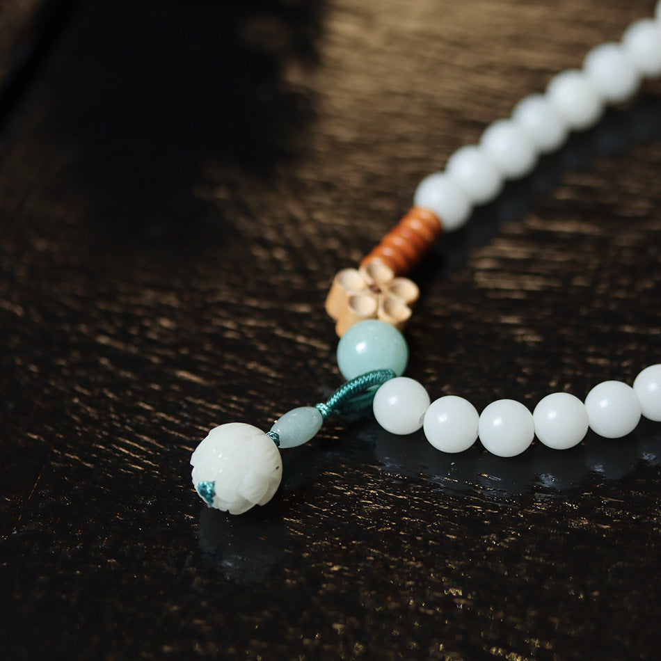White Jade Bodhi Double Wrap Bracelet with Lotus Accent for Women