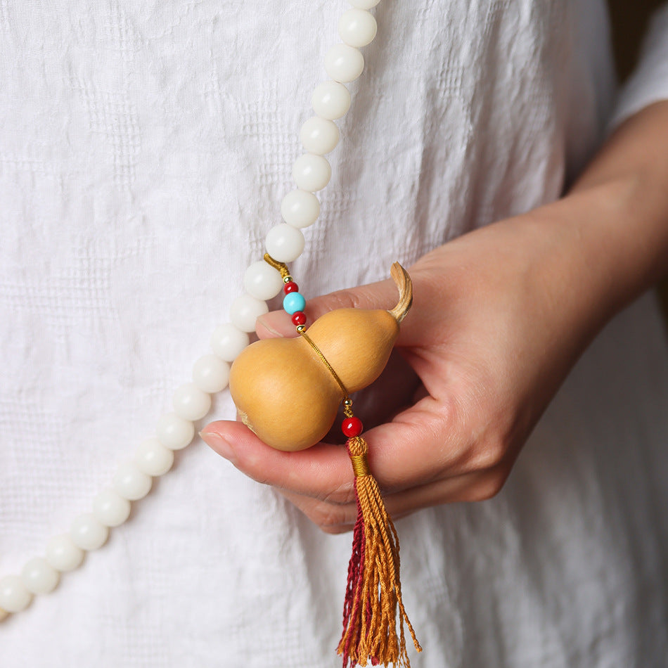 High-Polish White Jade Bodhi 108 Beads Bracelet with Hand-Carved Gourd Charm – Handheld or Crossbody Style
