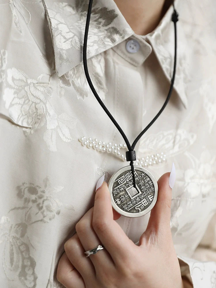 Mountain Ghost Thunder Order Coin Pendant Black Rope Necklace