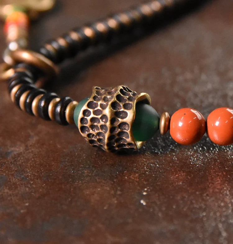 Vintage Wrap Bracelet · Red Agate, Ebony Wood & Brass · Multi-Layer Long Strand for Men and Women
