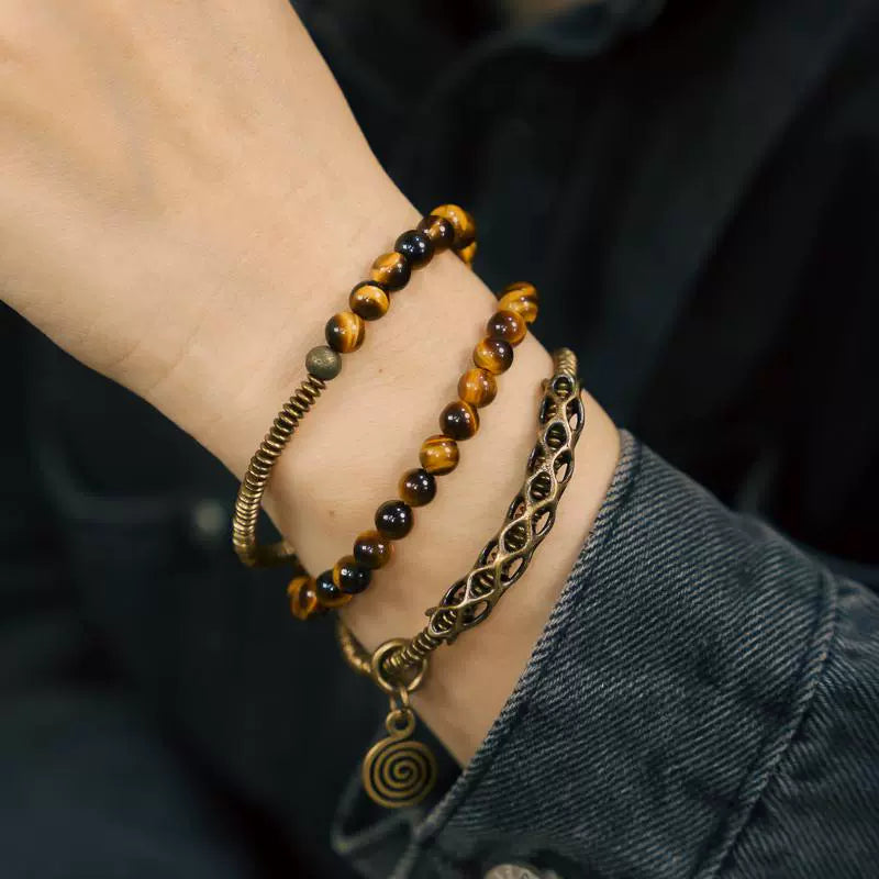 Vintage Multi-Layer Tiger Eye Beaded Bracelet Handmade Brass Accent Jewelry for Men & Women