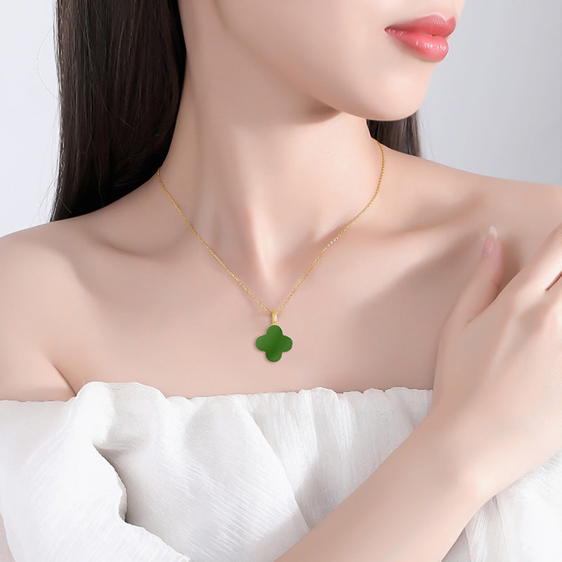 Natural Spinach Green Aged Hetian Green Jade Four-Leaf Clover Pendant with 18K Gold for Women