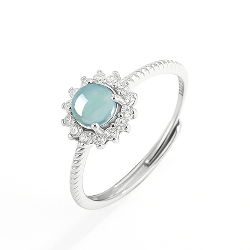 Natural A-Grade Blue Water Jadeite Adjustable Ring for Women – S925 Silver, 5.0mm Cabochon Stone
