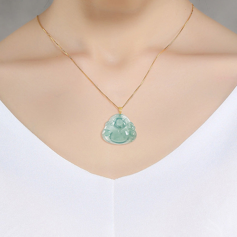 Natural Blue Water Jadeite Cai Shen Pendant – A-Grade Jade, 18K Gold Setting, Auspicious Wealth Talisman