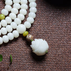 108 Mala Beads White Jade Bodhi Bracelet with Carved Pine Nut Charm